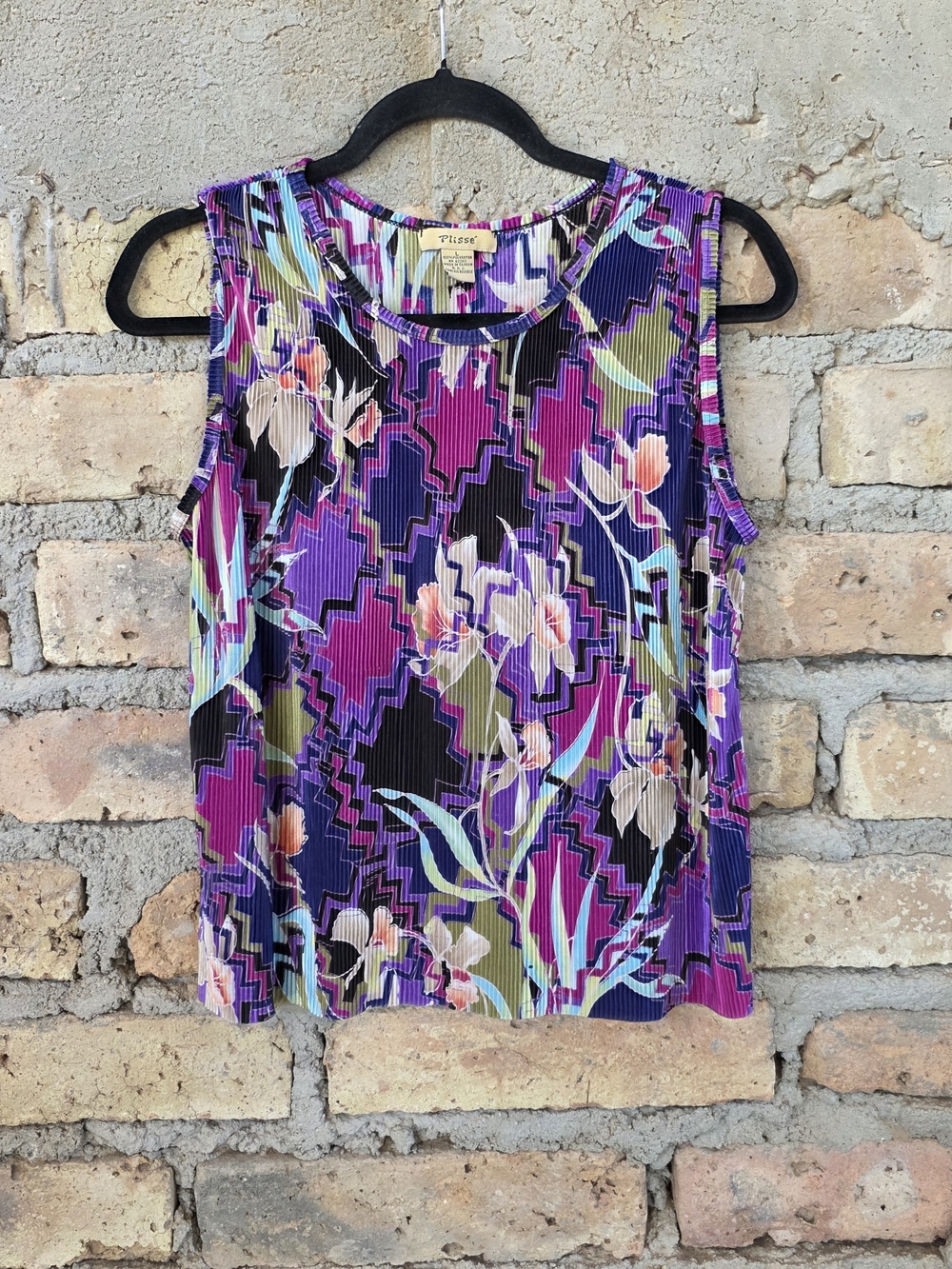 Plisse Vintage Y2K Abstract Floral Pleated Tank Top Blouse Large